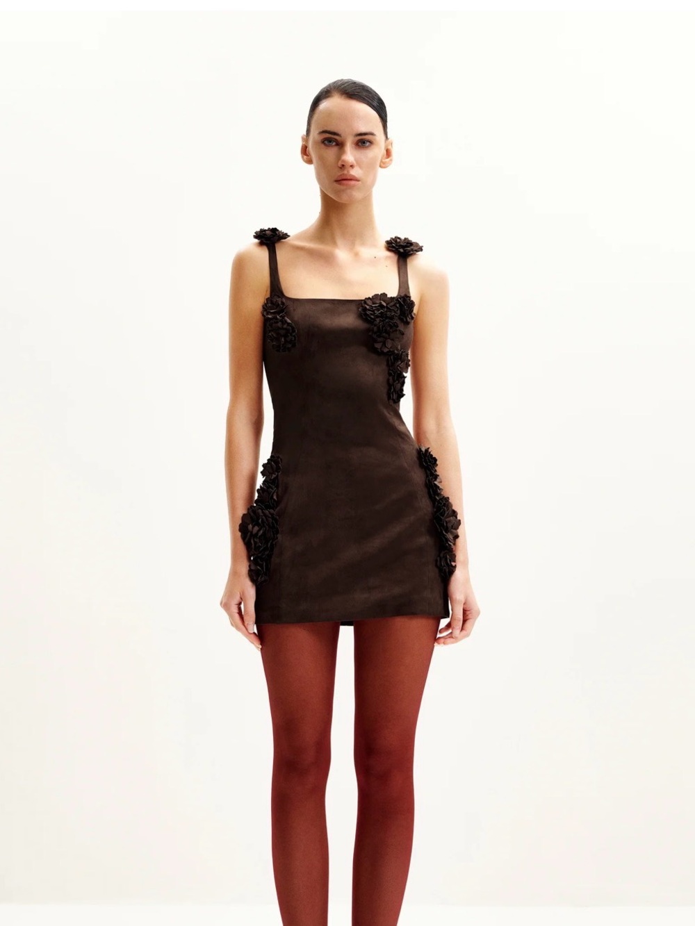 JW PEI Brown Floral-Appliqué Square-Neck Mini Dress